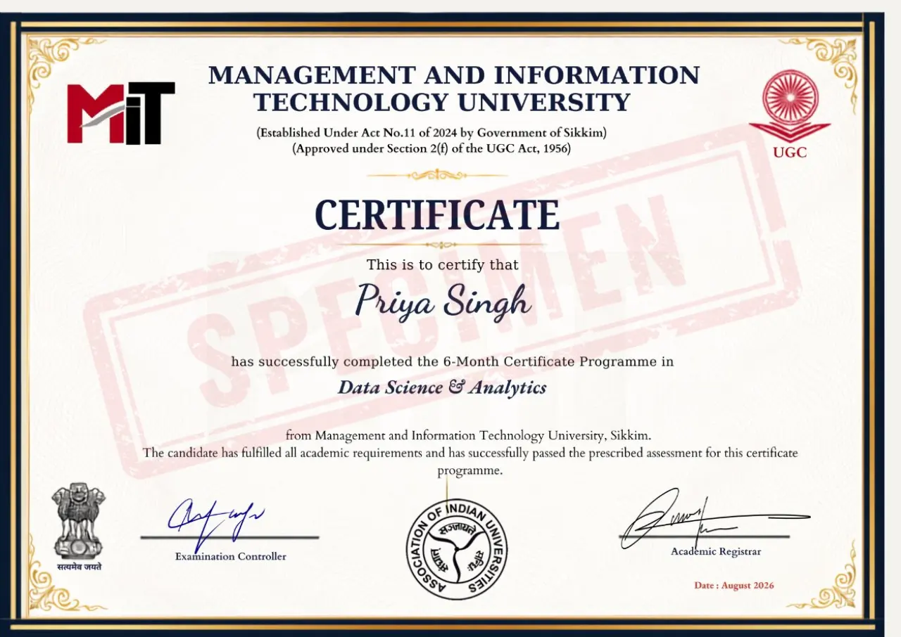 Sample certificate specimen, marked SPECIMEN, with a placeholder candidate name