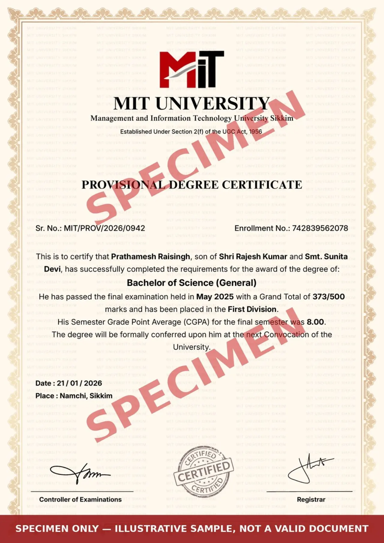 Sample Provisional Degree Certificate, marked SPECIMEN, with a placeholder candidate name