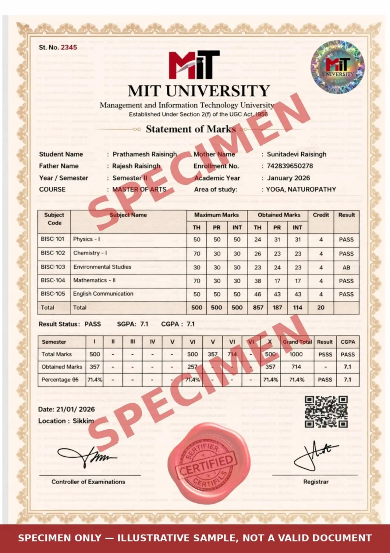 Sample Statement of Marks, marked SPECIMEN, with a placeholder candidate name and marks