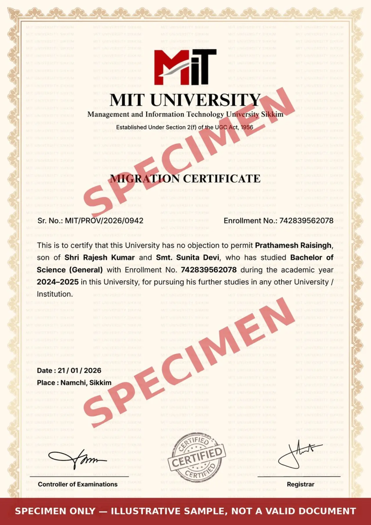 Sample Migration Certificate, marked SPECIMEN, with a placeholder candidate name